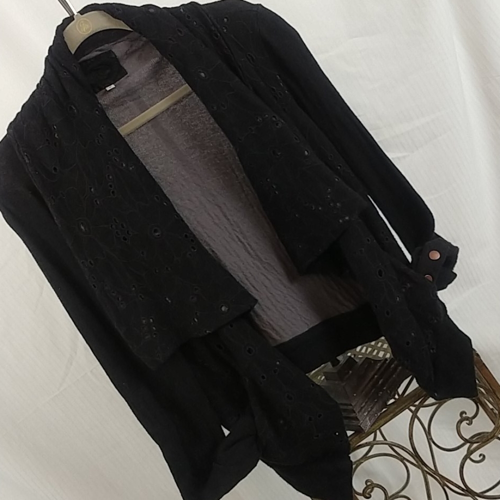 Johnny Was Black Eyelet Knit Open Front Jacket